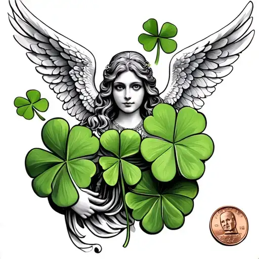 angel of luck with four leaf clover and lucky penny tattoo design idea