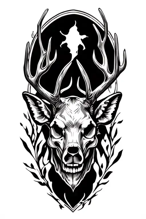 deer rack and skull with fish hook tattoo design idea