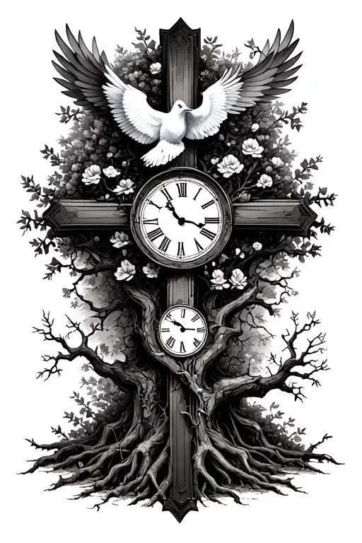 Posion tree growing into a cross, with a dove, and broken clock tattoo design idea