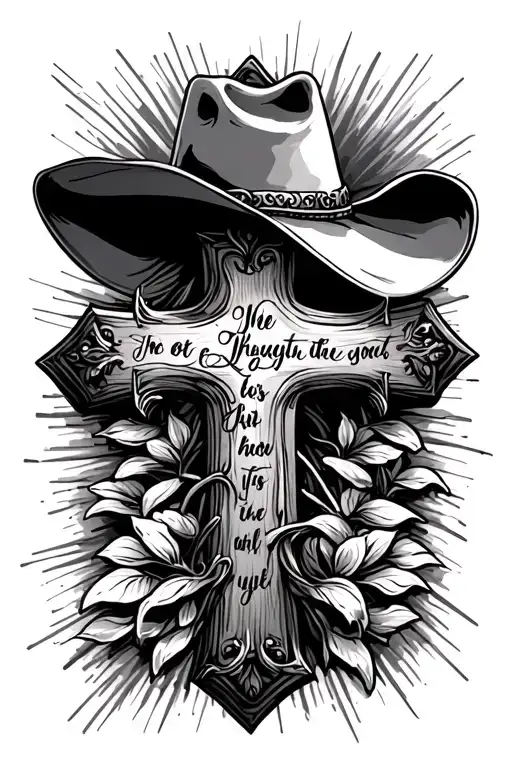 cross with cowboy hat and bible verse tattoo design idea