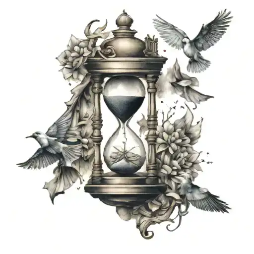 hourglass clock flying birds stairs moon stars tattoo design idea