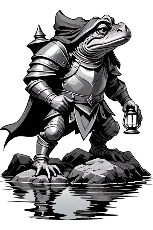 toad holding a lantern wearing knight armor with a hood standing on rocks by water tattoo design idea