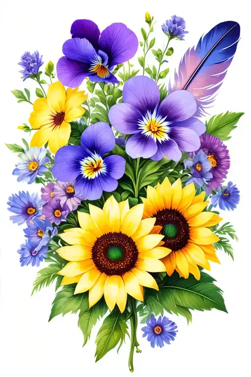 violets, primroses, asters, sunflowers, wild flowers and boho feathers tattoo design idea