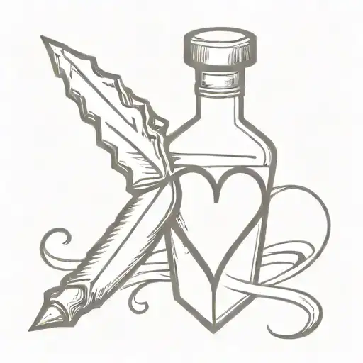 A closed letter with a dagger piercing through a heart and a bottle of poison tattoo design idea