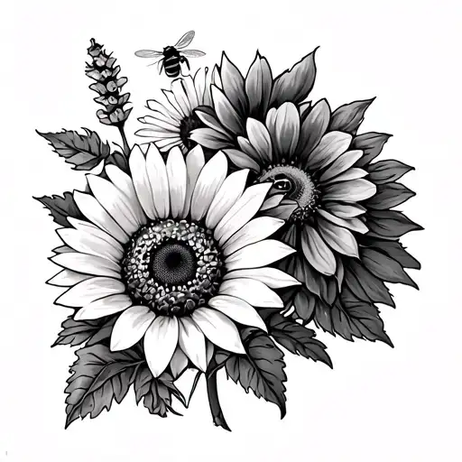 shoulder tattoo of a zinnia, sunflower, lavender, daisy and a bee black and grey tattoo design idea