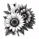 shoulder tattoo of a zinnia, sunflower, lavender, daisy and a bee black and grey tattoo design idea
