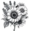 shoulder tattoo of a zinnia, sunflower, lavender, daisy and a bee black and grey tattoo design idea