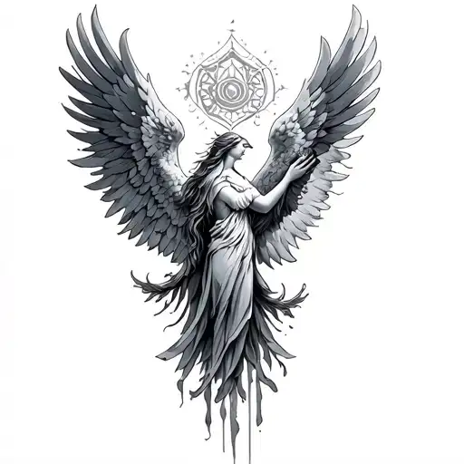 Phoenix to forgiveness with angels tattoo design idea