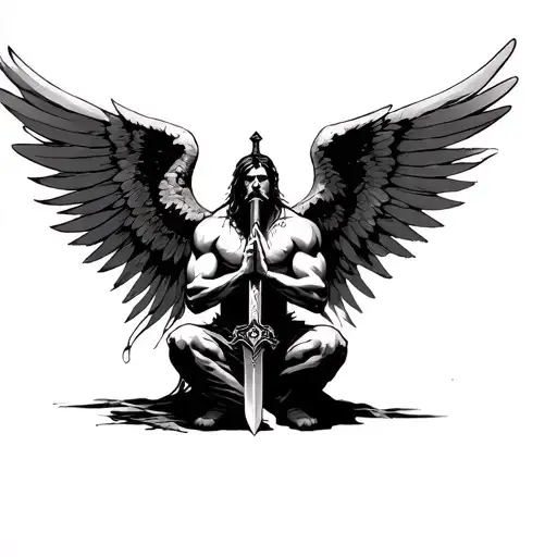 arcangel micael kneeling with sword praying and wings surrounding him tattoo design idea