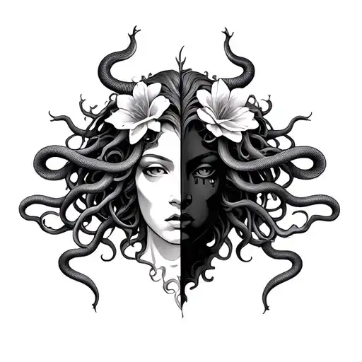 Medusa head with flowering snakes, split face masks for hidden emotions. Incorporate the Scorpio sign, symbolizing traum tattoo design idea