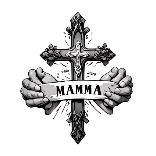 Cross With two hands holding saying Mamma 1945 - 2026 tattoo design idea