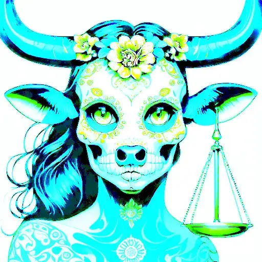 woman body bull with sugar skull markings, brown eyes and two Libra scales with extra dark background tattoo design idea