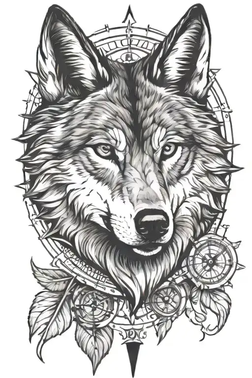 alpha wolf face  and compass tattoo design idea