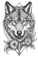 alpha wolf face  and compass tattoo design idea