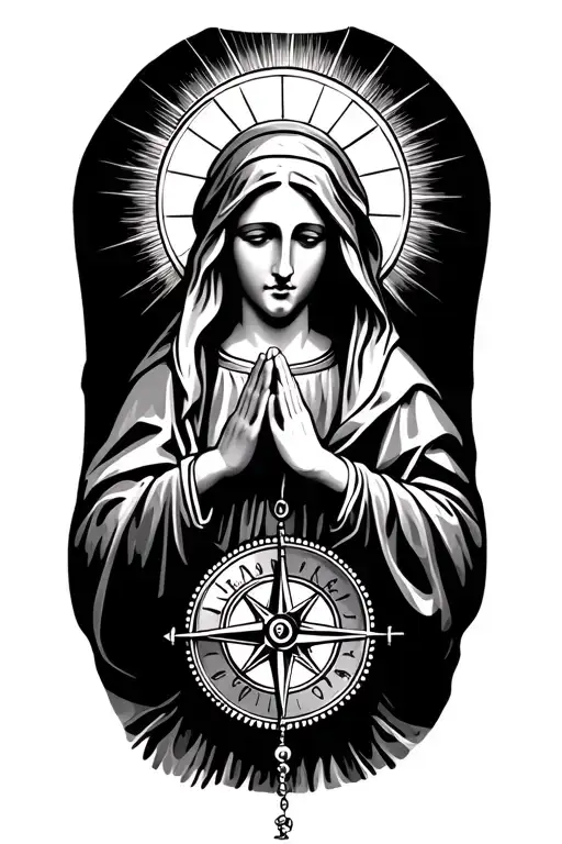 a tattoo of Mary mother of Jesus Christ praying with a rosary and a compass at her feet,with a halo at her head tattoo design idea