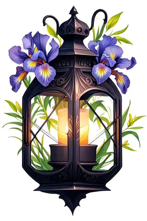 gothic lantern with candle inside and iris flower and dogwood flowers  tattoo design idea