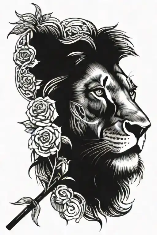 lion with cross through eye with rose underneath standing tattoo design idea