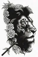 lion with cross through eye with rose underneath standing tattoo design idea