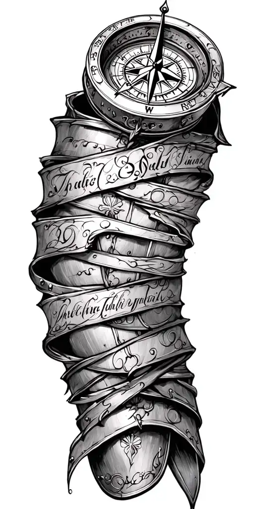 A compass intertwined with elegant calligraphy writing encased in Armor tattoo design idea