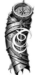 A compass intertwined with elegant calligraphy writing encased in Armor tattoo design idea