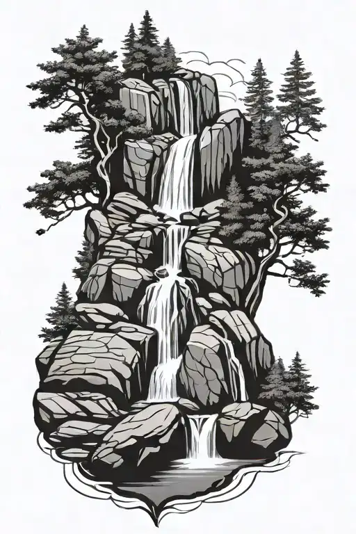 A serene waterfall cascading down a rocky cliff in the Colorado mountains tattoo design idea