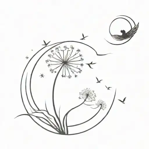 moon and dandelion spread 5 seeds drifting away transforming to bird tattoo design idea