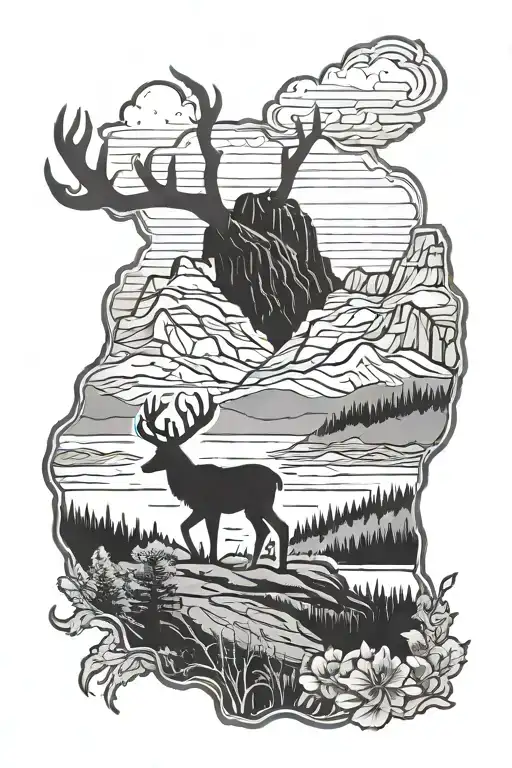 Arizona mountain landscape tattoo featuring silhouette of a deer  tattoo design idea