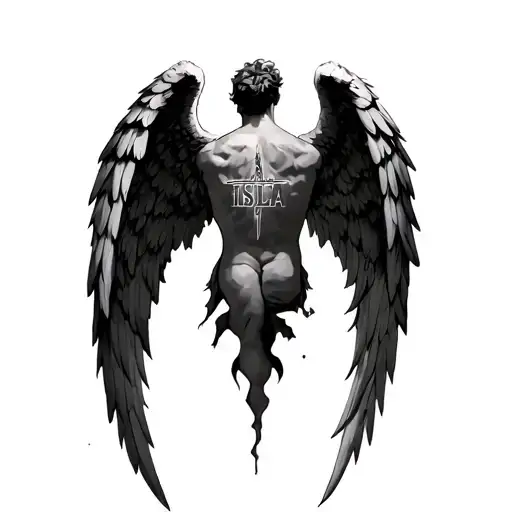 gaurdian angel  wings spread wide across shoulder blades upper back biblical style male name isla hidden in design tattoo design idea