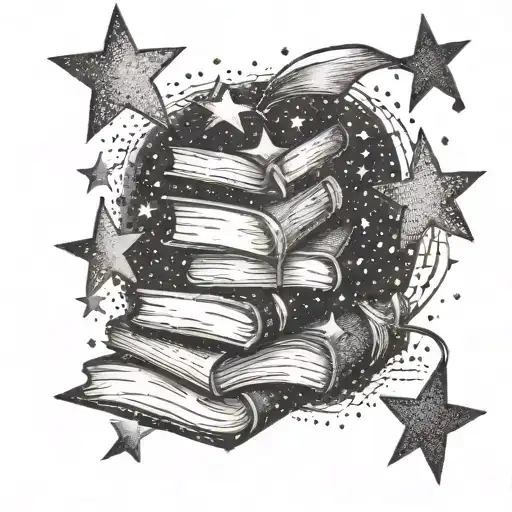 A stack of books with stars bursting out of the pages tattoo design idea