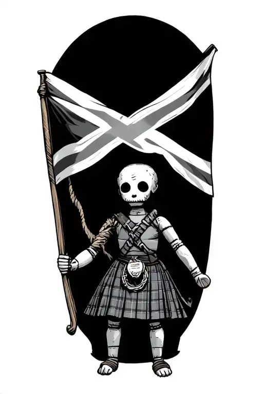 voodoo doll holding a Scotland saltire flag , wearing a kilt tattoo design idea