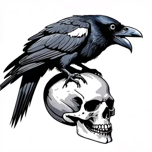 gothic raven perched on a skull tattoo design idea