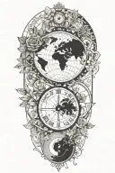 tattoo featuring roman landscape, compass, globe surrounded by flowers and vines tattoo design idea
