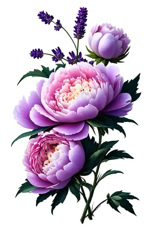 peonies with long stalks and lavender stalks signifying duality energy tattoo design idea