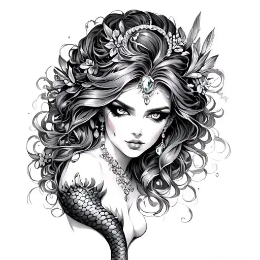 Lust: A sultry mermaid, glistening jewels, her eyes smoldering wit, with cleavage tattoo design idea