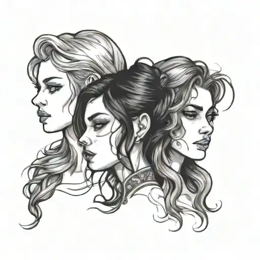 three faces of a girl with black hair two personalities of a girl come out of her head tattoo design idea