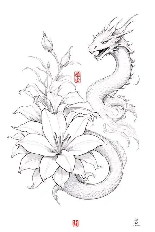 Make a tattoo with the character "愛" as the main tattoo, mixed with elements of lily flower , snake and dragon tattoo design idea