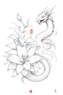 Make a tattoo with the character "愛" as the main tattoo, mixed with elements of lily flower , snake and dragon tattoo design idea