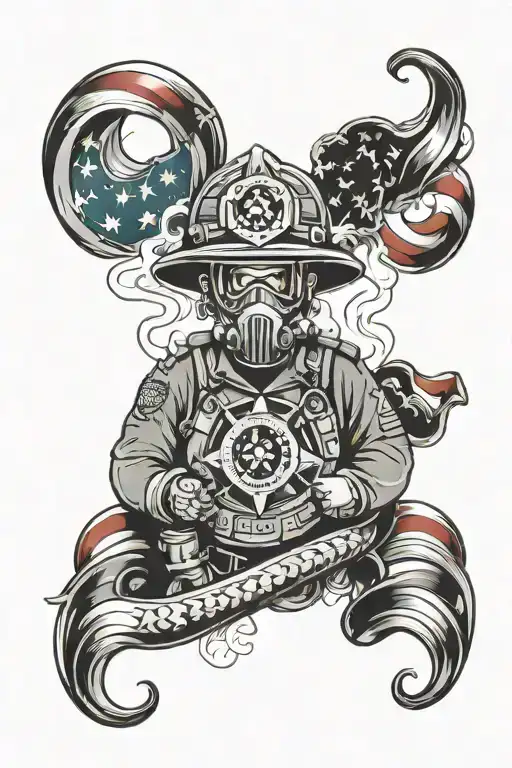 firefighter paramedic, staff of Asclepius, smoke, American flag in mask reflection tattoo design idea
