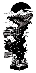 map with landmarks with road, mountains, trex fire truck, fast car drum set, cassette tape, book on fire, statue of libe tattoo design idea