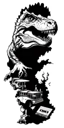 map with landmarks with road, mountains, trex fire truck, fast car drum set, cassette tape, book on fire, statue of libe tattoo design idea