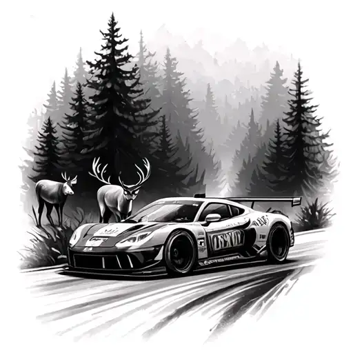 race car (showing from the back side) driving on forest road with a deer on the side tattoo design idea