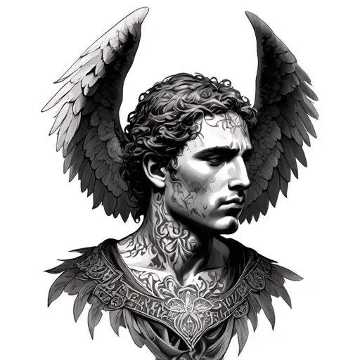 make an image of angelic tattoo, it's for a neck and shoulder tattoo,man,  gothic style, realism, black and grey, fully  tattoo design idea