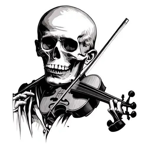 Close-up portrait. Weary, fed-up man. Skeleton playing violin behind ear. Black and grey etching style. Minimalist. Mood tattoo design idea