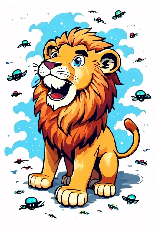 cute and small lion, chin up, left side pose,  vast blue colored distant sky filled with aliens all over the sky  tattoo design idea