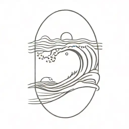 wave crashing, surf board, sunset beach tattoo design idea