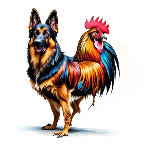 Rooster fading in to german shepherd dog tattoo design idea