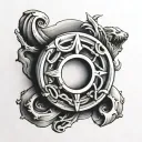 A minimalist tattoo of a ring with subtle symbols of ego, morals, and stoicism hidden within the design tattoo design idea