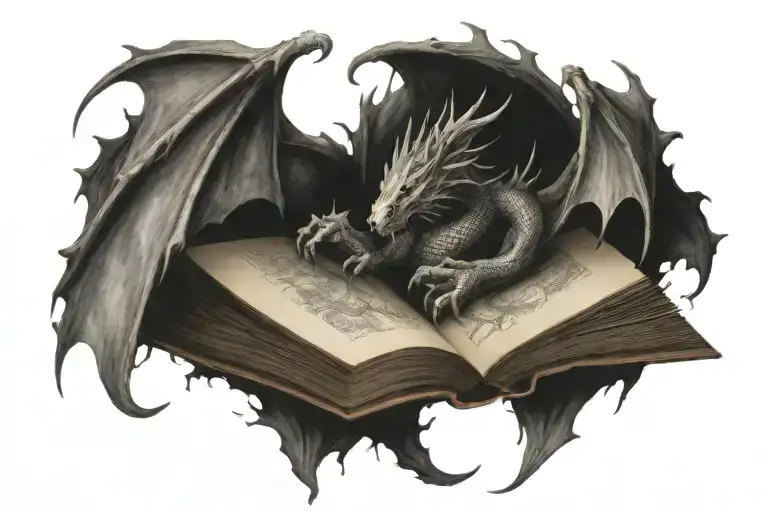 Giant open book, dragon coming out of book pages, magical tree on pages beside dragon tattoo design idea