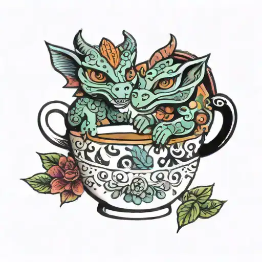 2 alebrijes drinking coffee cup tattoo design idea