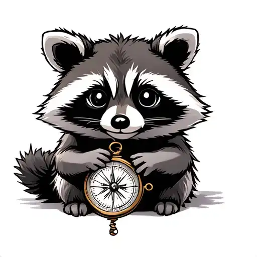 cute racoon sitting holding a compass tattoo design idea
